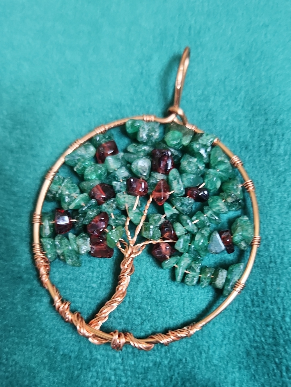 Handmade Tree Of Life Pendant With Green Aventurine And Garnet And Copper.